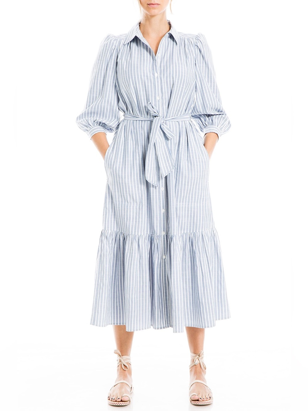 Max Studio Blue White Stripe 3/4 Sleeve Tiered Button Shirt Midi Dress Small NWT